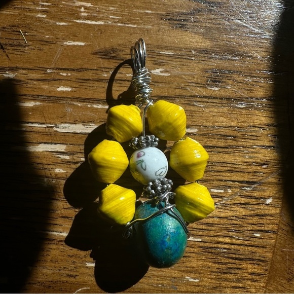 Handcrafted Yellow and Blue Beaded Pendant and paper beads 1600 Y - Picture 8 of 9
